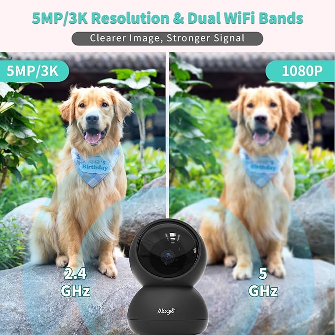 Alaga 3K Pet Camera, Dog Monitor with Phone App, 360° Pan/Tilt, Night Vision, Speaker, WiFi Cameras for Dog/Cat, Compatible with Alexa & Google Assistant, Black, Includes 1-Year Pet Time Album-PurrikoPets