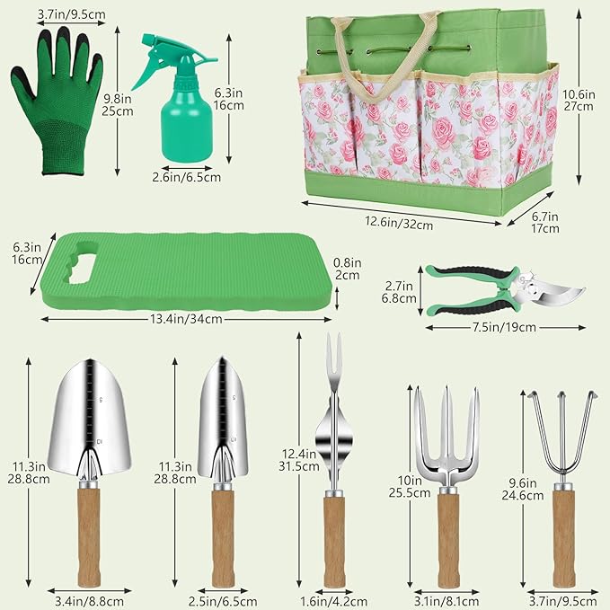 Garden Tool Set,10 Piece Garden Kit,Heavy Duty Stainless Steel Gardening Hand Tools with Durable Storage Tote,Rust-Proof Garden Tools,Gardening Gifts for Women Men Pink Floral Pattern Design-PurrikoPets