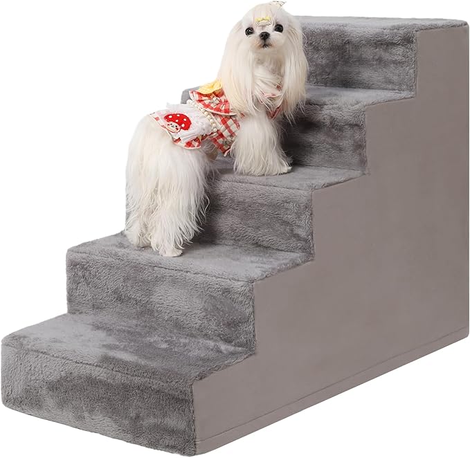 Dog Stairs for Small Dogs,22" 5-Step Pet Stairs for High Beds and Couches，Dog Steps with Non-Slip Bottom and High-Density Foam Indoor Outdoor,Grey-PurrikoPets