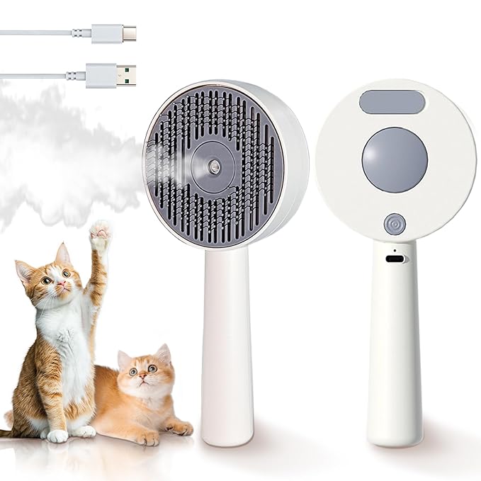 3 in 1 Cat Steam Brush, Self-Cleaning Anti-Static Pet Spray Hair Removal Comb for Cats with Release Button and Tank, Rechargeable Steam Brush for Shedding, Massage and Cleaning-PurrikoPets