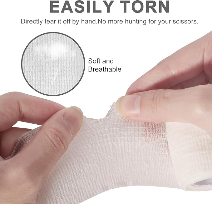 24 Pack Self Adhesive Bandage Wrap 2 Inch, White Medical Tape Elastic Cohesive Bandage Rolls Self Adherent, Self Sticking Tape First Aid Gauze for Sports, Leg, Knee, Ankle, Swelling, Wrist Sprains-PurrikoPets