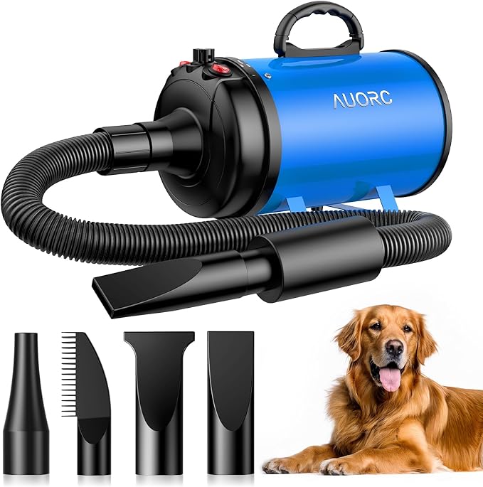 Dog Dryer, 5.2HP/3800W High Velocity Dog Hair Dryer with 4 Nozzles, Stepless Adjustable Speed & Temperature Control, Low Noise Professional Dog Grooming Dryer (Blue)-PurrikoPets