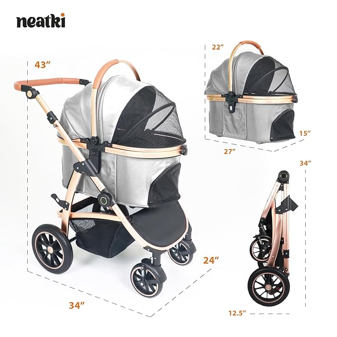 3 in 1 Pet Stroller - Stroller for Small to Medium Dogs and Cats up to 55 lbs, with Detachable Carrier/Car Seat, Foldable and Lightweight, Detachable Cushion + Cup Holder (Gray)-PurrikoPets