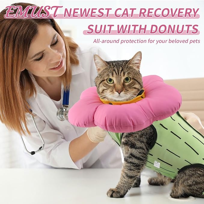 EMUST Cute Cat Recovery Suit and Adjustable Flower Cone Collar Set - Soft Surgical Suit for Abdominal Wounds, Cat Cones After Surgery for Female Kittens Under 4lb (Green)-PurrikoPets