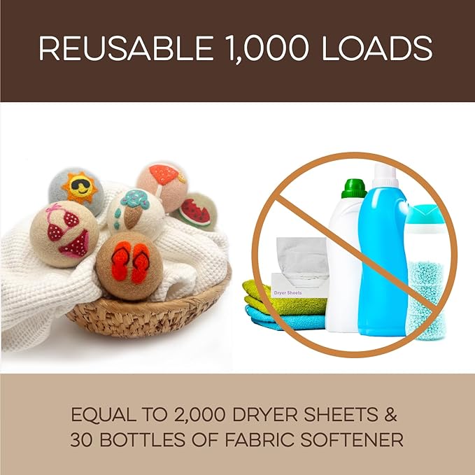 Fluff Ewes Wool Dryer Balls 6 Pack Premium New Zealand Wool Laundry Balls for Dryer, No Static Dryer Balls Laundry Reusable, XL Wool Dryer Balls Cute, Baby Dryer Balls for Dryers - Fun in The Sun-PurrikoPets