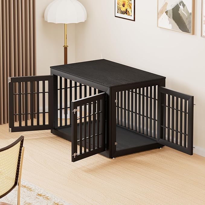 48" Heavy Duty Dog Crate Furniture for Small,Medium and Large Dogs,Rustic Wooden Dog Cage Kennel Indoor Furniture with Waterproof Top,Decorative Pet House Side End Table (Black)-PurrikoPets