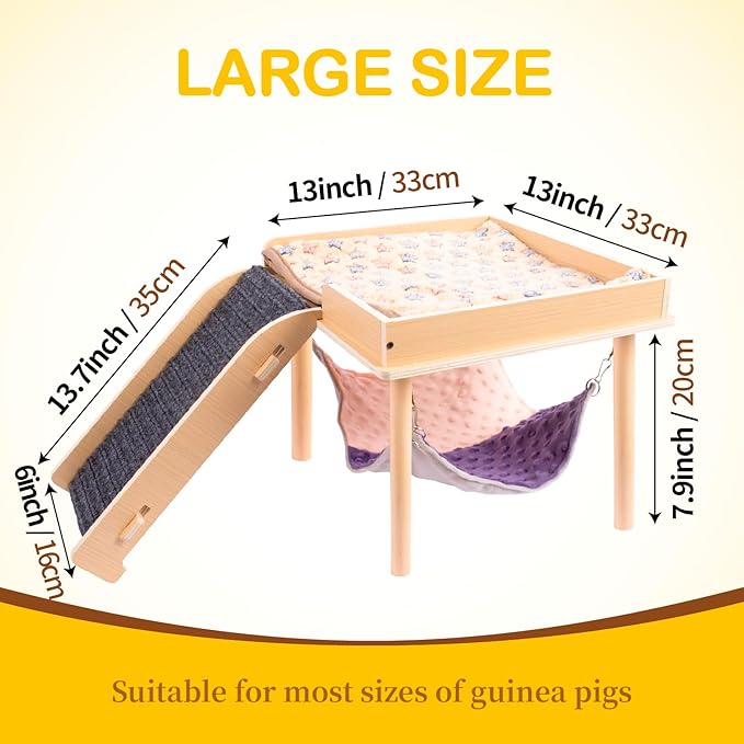 Enlarged Guinea Pig Hammock with Platform and Stairs,Wooden Small Animal Hideout for Guinea Pigs Bunny Ferret Hamster Hiding Sleeping Activities(Single)-PurrikoPets