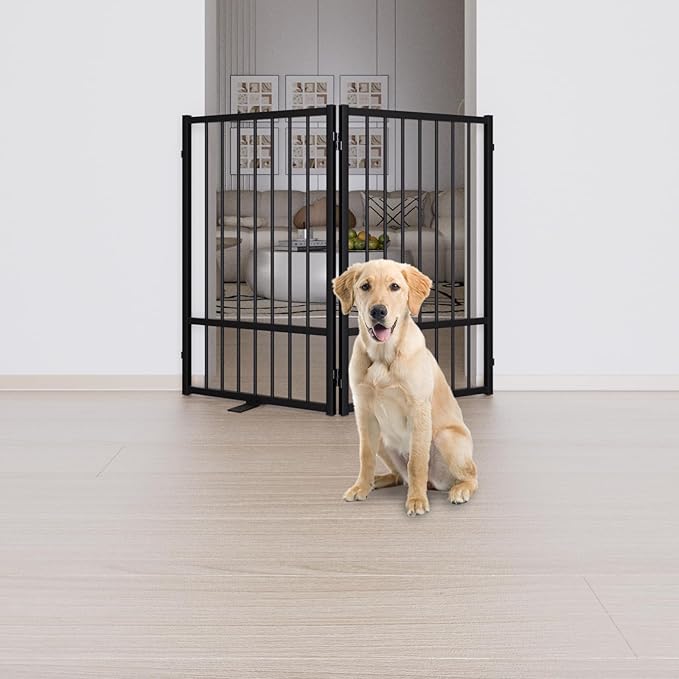 Full Metal Freestanding Dog Gate with Door, 32''Height Foldable Pet Dog Fence for Indoor & Outdoor, 2 Panels Extra Wide Free Standing TallDog Gates for Doorways,House,Stairs,Porch,Deck,Yard-PurrikoPets