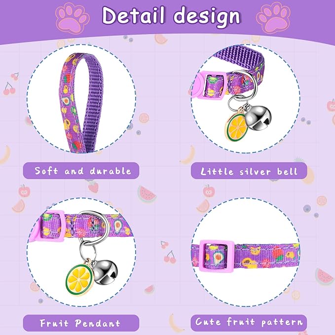 Frienda 12 Pcs Spring Summer Breakaway Cats Collars Girl Cat Safety Adjustable Collars with Bell and Summer Fruit Patterns Pendants Set for Pets Decoration(Medium)-PurrikoPets