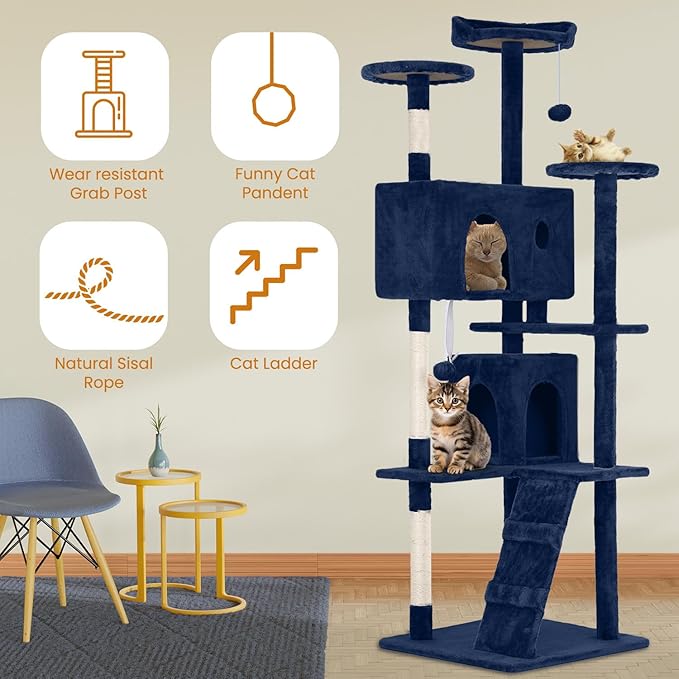 54.7 inches Cat Tower - Multi-Level Cat Condo with Scratching Posts, Hanging Toys, Navy Blue-PurrikoPets