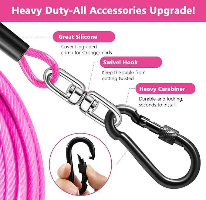 Dog Tie Out Cable 50FT-500Lbs,Heavy Duty Dog Leads Line for Yard with Swivel Hook,Medium Large Dogs Leash&Chains for Outside,Rust Chew Proof Dogs Run Cable for Outdoor Camping (Pink, 50FT)-PurrikoPets
