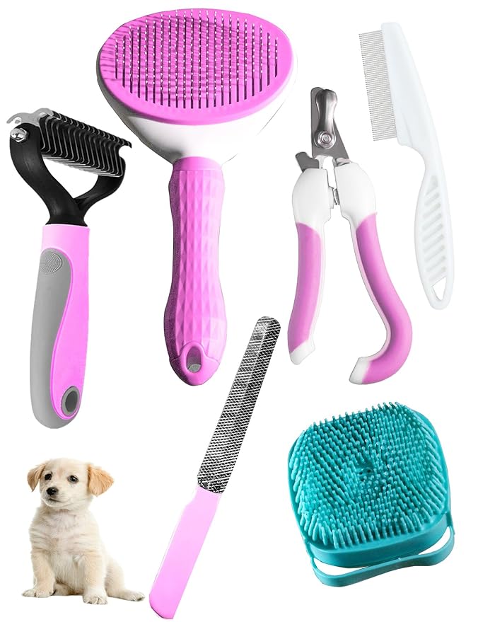 6ps Dog Cat Brush Grooming Kitf, Dog Cat Brushes, Bath Brush, Dematting Rake and Comb, Nail Clipper, Nail File, Flea Comb (Pink 6 Kits)-PurrikoPets