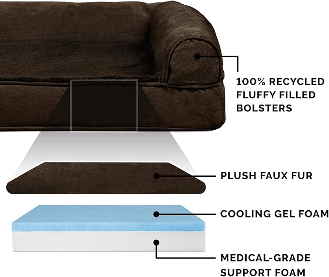Furhaven Cooling Gel Dog Bed for Large Dogs w/ Removable Bolsters & Washable Cover, For Dogs Up to 125 lbs - Plush & Suede Sofa - Espresso, Jumbo Plus/XXL-PurrikoPets