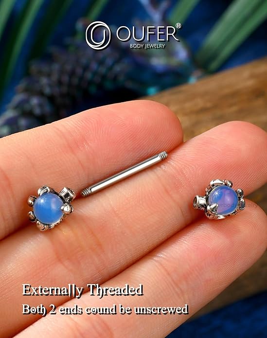OUFER 14G Nipple Rings - 316L Surgical Steel Piercing Jewelry, 2PCS Pink Opals Surrounded by Dragon Claws Barbell