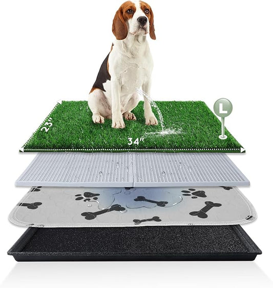 Dog Grass Pad with Tray Large 34’’×23’’, Ultra-Absorbent Artificial Grass Pad for Dogs Potty Grass Hemmed Edge for Indoor Potty Training, Reusable Dogs Pee Pads, Dog Litter Box for Balcony-PurrikoPets