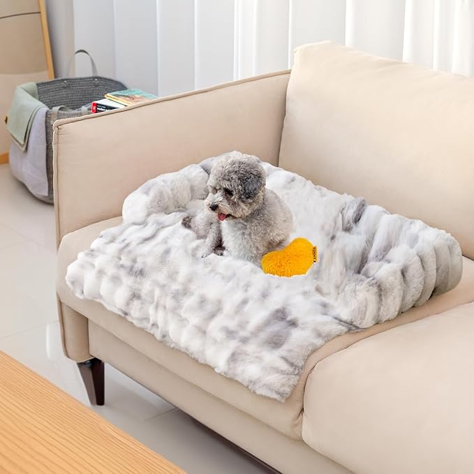 FUNNY FUZZY Pet Fluffy Fuzzy Couch Cover, Calming Washable Dog Bed Sofa Protector Pets Mat for Small Dogs and Cats (Tie-dye Grey,27.56 × 24.02 × 5.51 in)-PurrikoPets