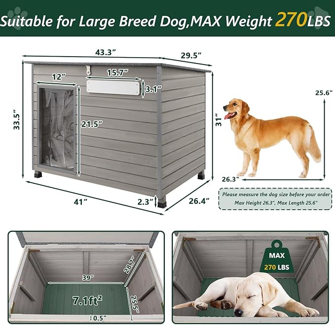 43.3" L Dog House Outdoor for Large Breeds Dogs Anti Chewing Iron Frames Dog Kennel Wooden Pet Houses for Indoor Outdoor with Weatherproof Roof,6 Elevated Feet, Reinforced Bottom Support-PurrikoPets