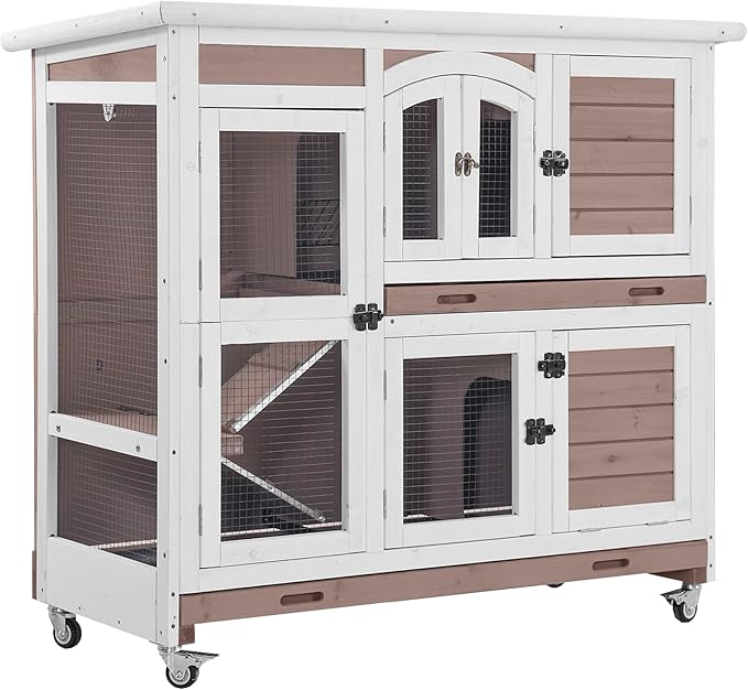 Aivituvin Rabbit Hutch Bunny Cage with Wheels Indoor Outdoor 47" Two Story Guinea Pig Cage with 2 Deep No Leak Tray-PurrikoPets