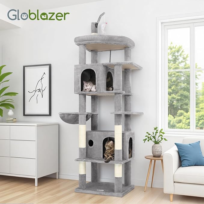 Globlazer Large Cat Tree Tower, Tall Cat Tree Condos for Indoor Cats Large Adult Cat Climbing Tower with 2 Spacious Caves, Oversized Top Perch, Big Hanging Basket, Cat Teaser Wand, F74B, Light Grey-PurrikoPets