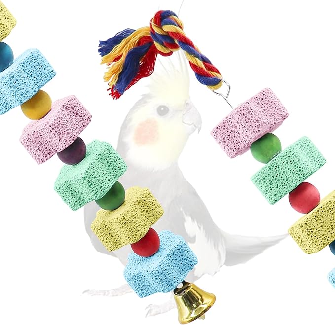 2 Pack Mineral Block Chew Toys with Colorful Beads and a Bell, Bird Beak Grinding Stone, Cage Accessories for African Grey, Budgies, Cockatiels, Small to Medium Birds-PurrikoPets