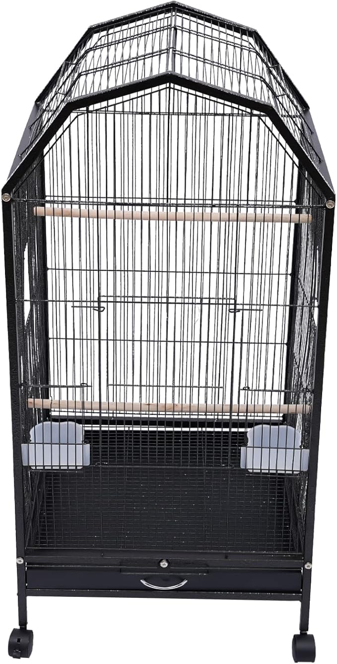 40-Inch Wrought Iron Bird Cage with Open-Top and Rolling Stand, Movable Parrot Cage Pet Bird Flight Cage, 360 Degree View Spacious Interactive Roof Pet Bird House for Medium&Small Birds-PurrikoPets