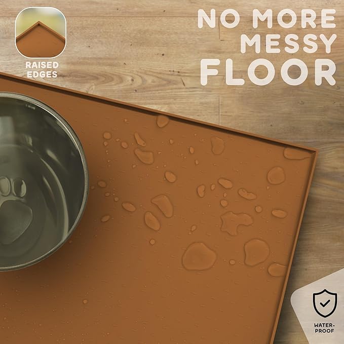 Dog Food Mat - 24x15 Raised Edges Dogs Mat for Food and Water Prevent Spill, Waterproof Cat Food Mats Protect Floors, Easy Clean Dog Bowl Mats for Food and Water, Silicone Pet Feeding Placemats-PurrikoPets