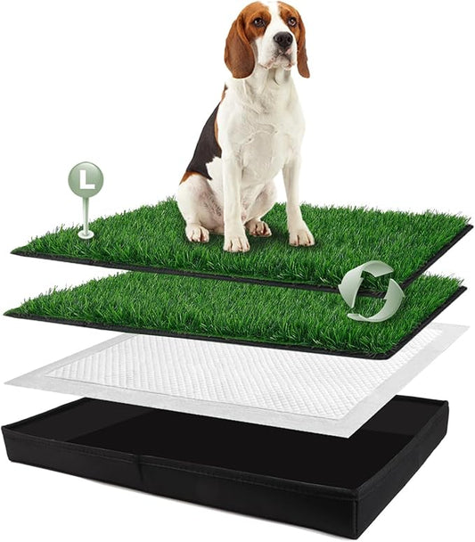 Dog Grass Pad with Foldable Dog Litter Box, Large Liner Base (33”×23”) for Balcony, 2 Artficial Grass Pee Pads for Dogs, Pee Pad Holder, Potty Training-PurrikoPets