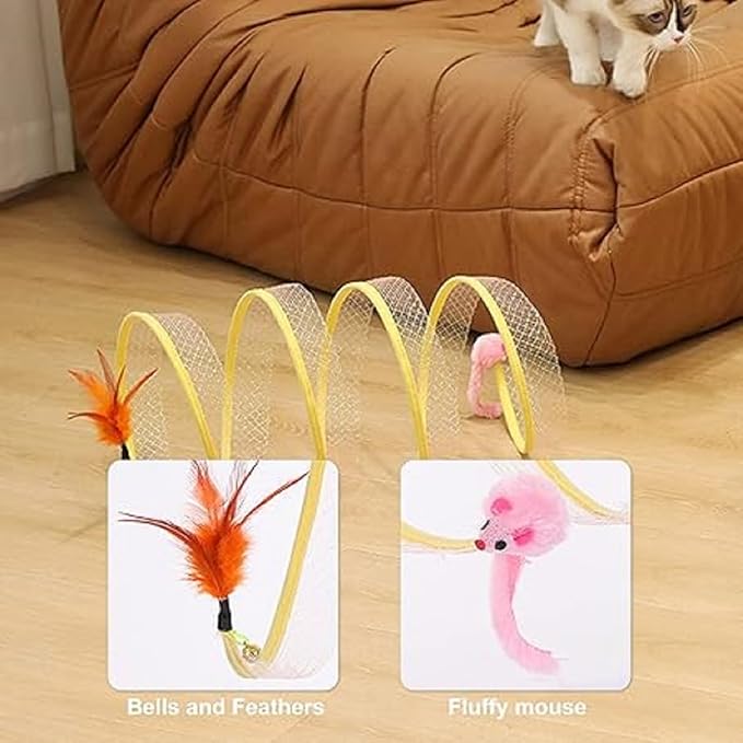 2Pcs Folded Cat Tunnel Toy for Indoor Cats,Collapsible Pet Spring Cat Toys with Feather Mouse Upgrade Interactive Toy Playing Tent for Puppy Kitten Accessories Home Self-Happy Cat Toys (Yellow)-PurrikoPets