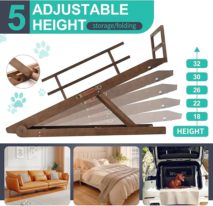 Dog Ramp, 5 Level Adjustable Height Folding Pet Ramp for High Bed, Portable Paw Ramps Large Bed Ramp for Medium & Large Old Dogs & Cats - Natural Wood Furniture Quality-PurrikoPets