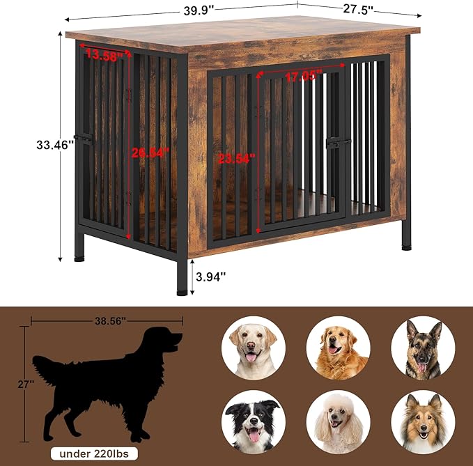 EasyCom 39.96" XL Wooden Large Dog Crate Furniture for Medium and Large Breed, Chew-Resistant Dog Kennel Furniture Indoor with 2 Doors and 3.94" Raised Feet, as TV Stand, End Table, Crate Table-PurrikoPets
