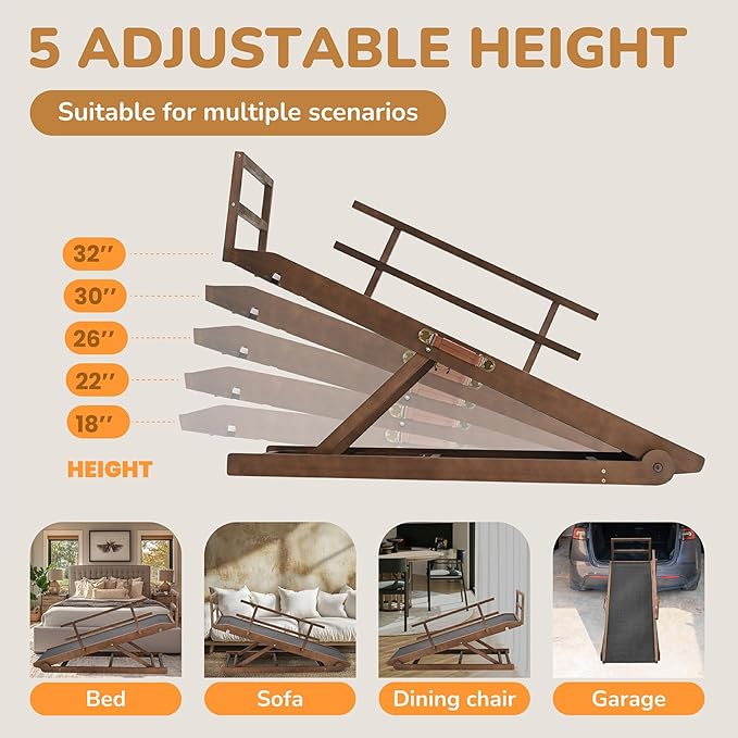 Dog Ramp for Bed, 5 Level Adjustable Dog Ramp for High Beds, Upgrade Rubber Mat High Traction Ramp with Safety Rails, Folding Pet Ramp for Bed, Couch,SUV, Natural Wood Pet Ramp for Small & Old Dogs-PurrikoPets