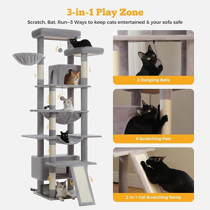81" Heavy Duty Cat Tree for Large Cats up to 20lbs - Extra Tall Cat Tower with Metal Frame Hammock, 6 Sisal Scratching Posts, 2 Perches - Indoor Cat Furniture for Maine Coon, Big Cats, Gray-PurrikoPets
