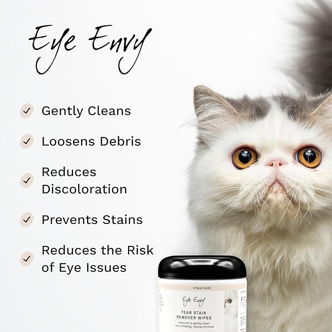 Eye Envy Tear Stain Wipes for Cats. Textured to Gently Clean, Treats The Cause of Staining. 100% Natural Formula. Recommended by Persian & Exotic Breeders, Vets, Groomers. USA Made. 60 Cat Eye Wipes-PurrikoPets