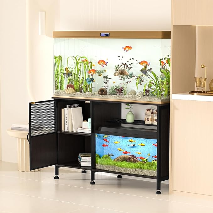 Fish Tank Stand, Modern Aquarium Stand with Built-in Cabinet and Shelves - Sleek Black Iron and Wood Grain Design for Stylish Home Décor（ 51.97" x W 19.69" x H 31.5"） Black-PurrikoPets