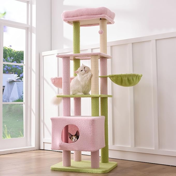 Gardner Pet 65in Heavy Duty Cat Tree Tower for Large Cats, Multi-Level Cat Furniture with Replaceable Sisal Scratching Post, Hammock | Extra-Large Platform & Condo (Pink&Green, Basic φ:2.84")-PurrikoPets