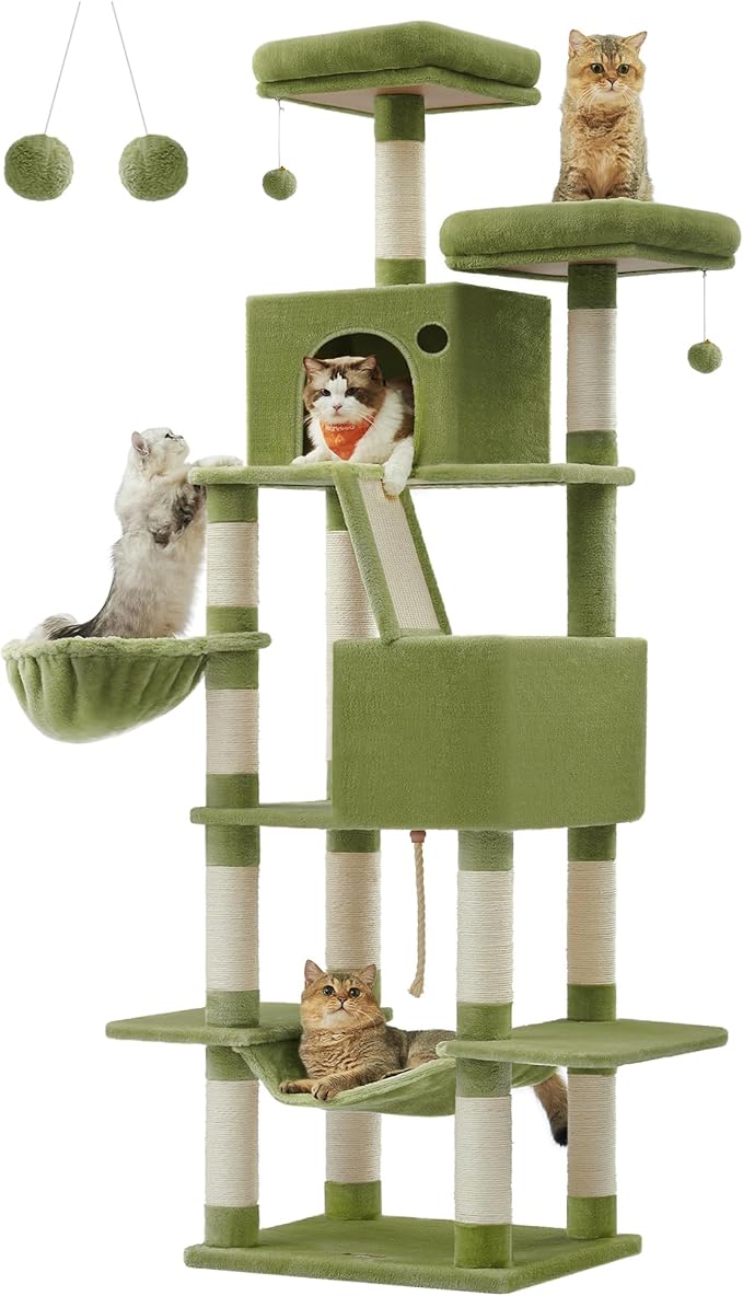 Feandrea Cat Tree, 81.1-Inch Large Cat Tower with 13 Scratching Posts, 2 Perches, 2 Caves, Basket, Hammock, Pompoms, Multi-Level Plush Cat Condo for Indoor Cats, Green UPCT190C01-PurrikoPets