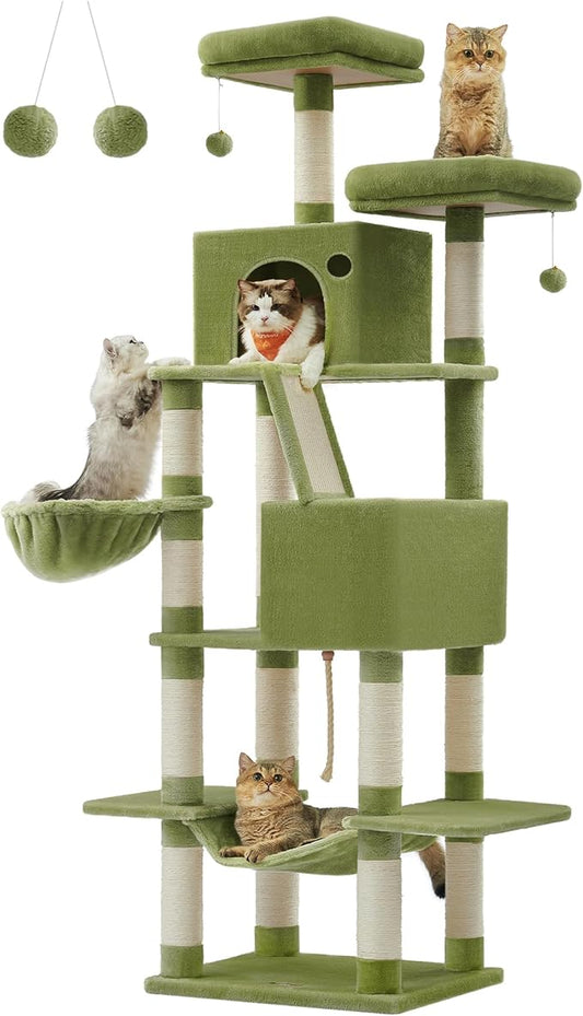 Feandrea Cat Tree, 81.1-Inch Large Cat Tower with 13 Scratching Posts, 2 Perches, 2 Caves, Basket, Hammock, Pompoms, Multi-Level Plush Cat Condo for Indoor Cats, Green UPCT190C01-PurrikoPets