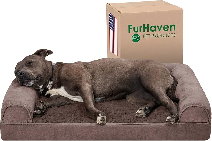 Furhaven Orthopedic Dog Bed for Large/Medium Dogs w/ Removable Bolsters & Washable Cover, For Dogs Up to 55 lbs - Faux Fur & Velvet Sofa - Driftwood Brown, Large-PurrikoPets