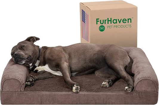 Furhaven Orthopedic Dog Bed for Large/Medium Dogs w/ Removable Bolsters & Washable Cover, For Dogs Up to 55 lbs - Faux Fur & Velvet Sofa - Driftwood Brown, Large-PurrikoPets