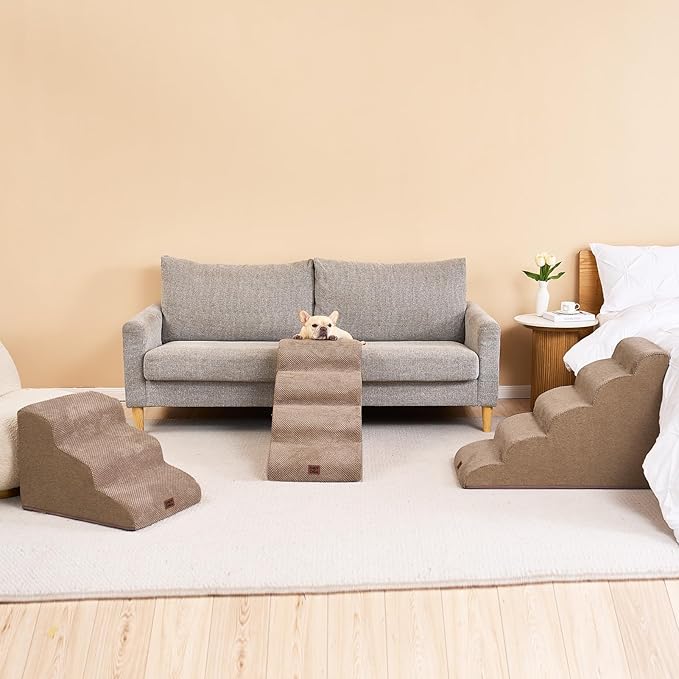 EHEYCIGA Curved Dog Stairs Ramp for High Beds 19.7" H, 4-Step Dog Steps for Small Dogs and Cats, Pet Stairs for High Bed Climbing, Non-Slip Balanced Pet Step Indoor, Camel-PurrikoPets