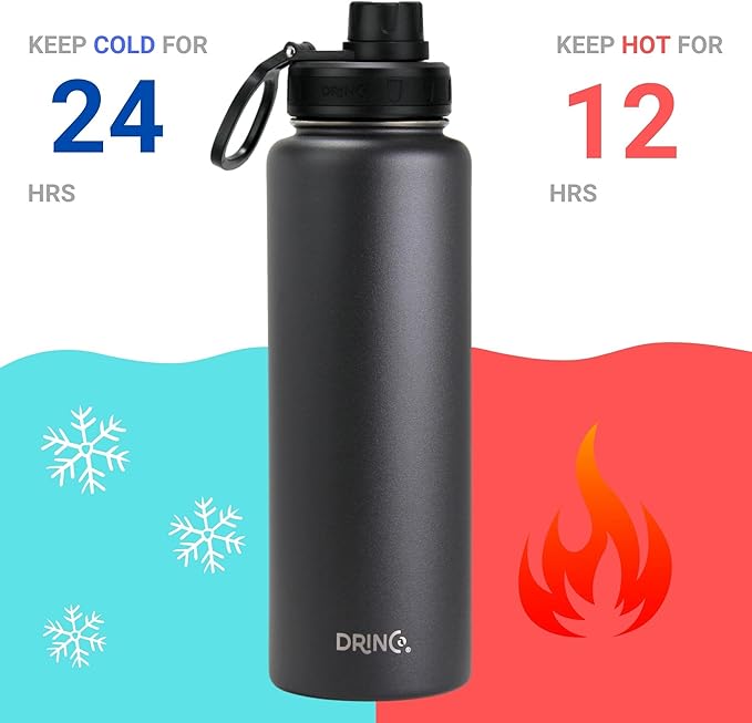 DRINCO Stainless Steel Water Bottle Spout Lid Vacuum Insulated Double Wall Water Bottles Wide Mouth (40oz 32oz 22oz 18oz 14oz) Leak Proof Keeps Cold or Hot (40 oz, 40oz Black)-PurrikoPets