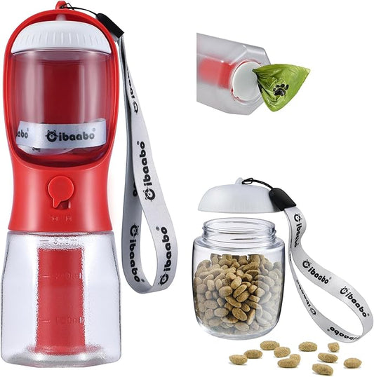 Dog Water Bottle with Food Container & Poop Bag Holder, Travel Water Bowl, Portable Pet Dispenser, Dog Stuff Accessories Items, Puppy Essentials Necessities for Yorkie Chihuahua Walking Hiking-PurrikoPets
