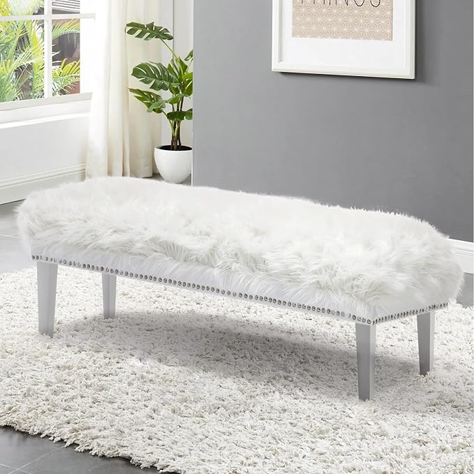 46 Inch White Bedroom Bench, Modern Multi-Purpose Bench with Wooden Legs, White Faux Fur Upholstered Bench for Bedroom, Living Room, or Entryway-PurrikoPets