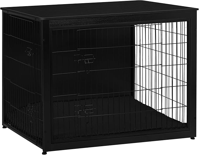DWANTON Dog Crate Furniture with Cushion, Wooden Kennel Table with Double Doors, Indoor Dog House, Extra Large Size, 43.3" L, Black-PurrikoPets