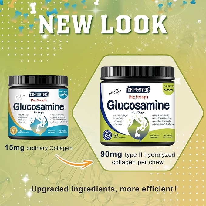 Glucosamine for Dogs, Hip and Joint Supplement for Dogs with Chicken Flavor, Anti Inflammatory, Dog's Chondroitin, Digestive Enzymes, Omega-3, Vitamin D, MSM, Calcium, Turmeric, 120 Freeze-Dried Chews-PurrikoPets