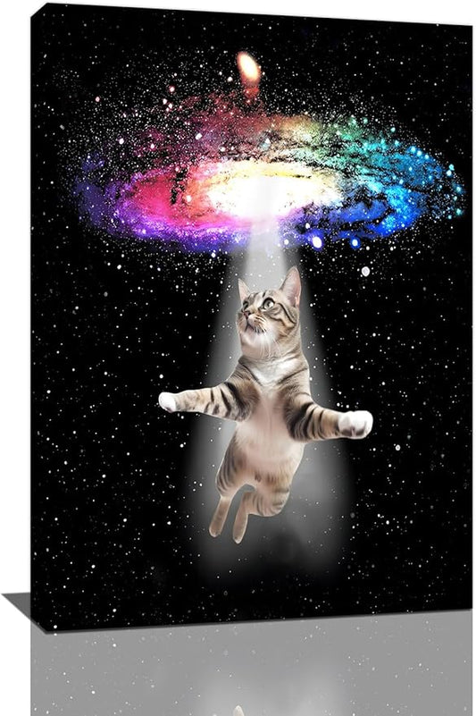 Funny Cat Wall Art Canvas Galaxy Wall Decor Prints Framed Painting Animal Pictures Gifts Artwork for Bathroom Living Dining Kitchen 16"x24"-PurrikoPets