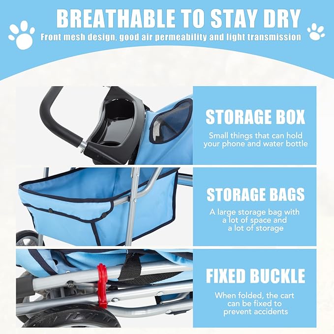 Dog Stroller, Folding 4 Wheels Pet Stroller for Small Medium Dog Cat Travel Carrier with Weather Cover Storage Basket Cup Holders Blue-PurrikoPets