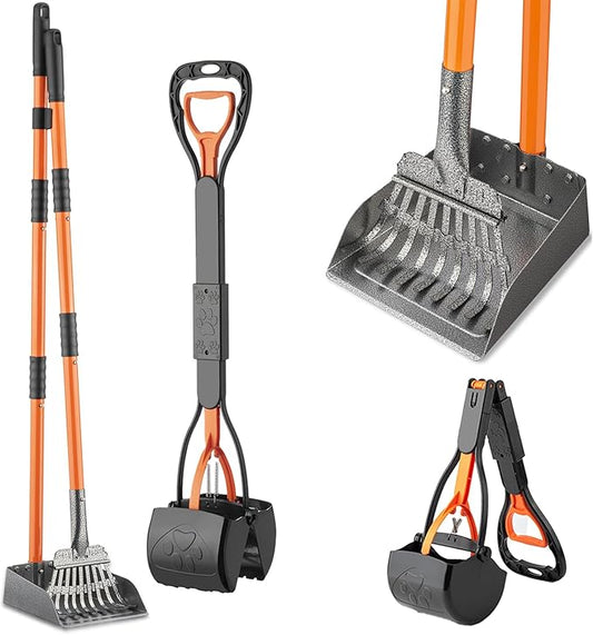 28" Pooper Scooper and 38" Heavy Duty Stainless Steel Rake & Tray Set, 3 in 1 Portable Dog Pooper Scooper Set for Large Medium Small Dogs in Grass, Dirt or Gravel-PurrikoPets