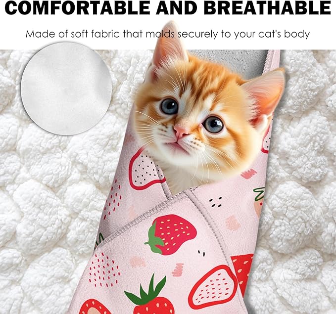27.6" Cat Grooming Wrap, Self Adhesive Cat Wrap for Cutting Nails, Anti-Escape Calming Cat Swaddle Wrap for Medicine Ear Cleaning, Strawberry Anti-Scratch Cats Burrito Restraint Blanket, Pet Tool-PurrikoPets