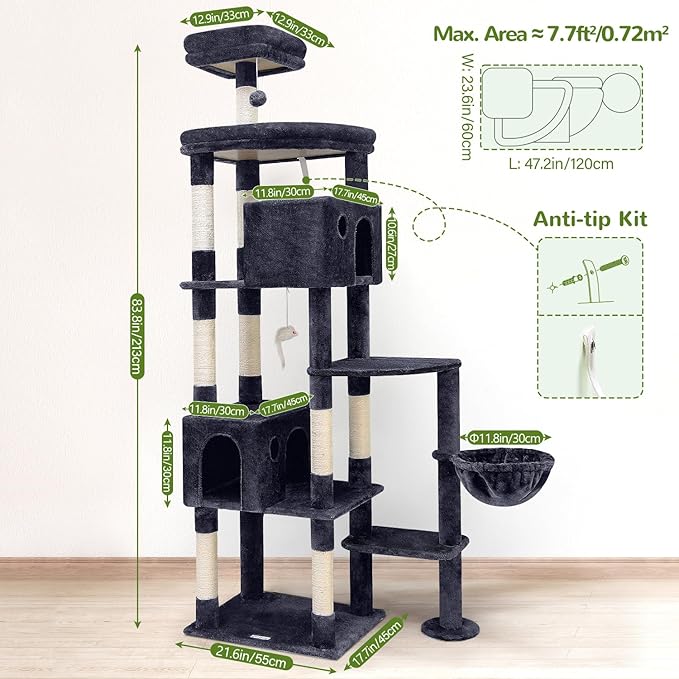Globlazer Giant Cat Tree, 83 inch Cat Tree for Indoor Cats Large Adult, XXL Cat Tower with 9 Scratching Posts for 20lb+ Heavy Duty Large Adult Cats, F83, Dark Grey-PurrikoPets